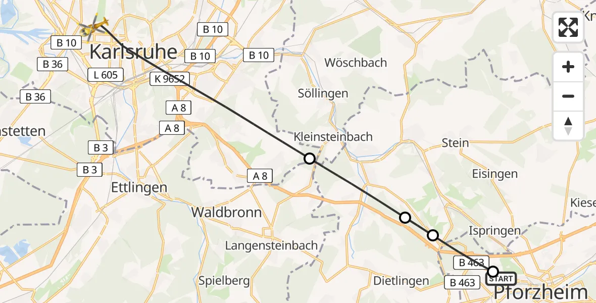 Flugroute Ambulanzhubschrauber Siloah Sankt Trudpert Hospital - Karlsruhe, 22 Juli 2026, 12:36