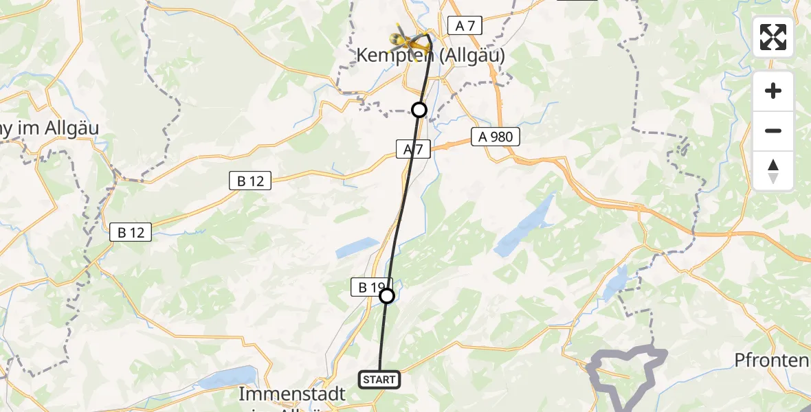 Flugroute Rettungshubschrauber Rettenberg - Kempten (Allgäu), 22 Juli 2026, 12:37