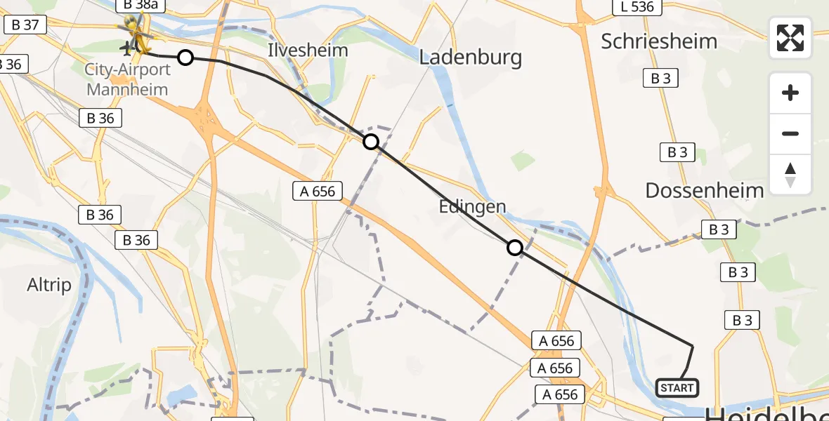 Flugroute Rettungshubschrauber Heidelberg - Mannheim-City Flughafen, 22 Juli 2026, 12:38