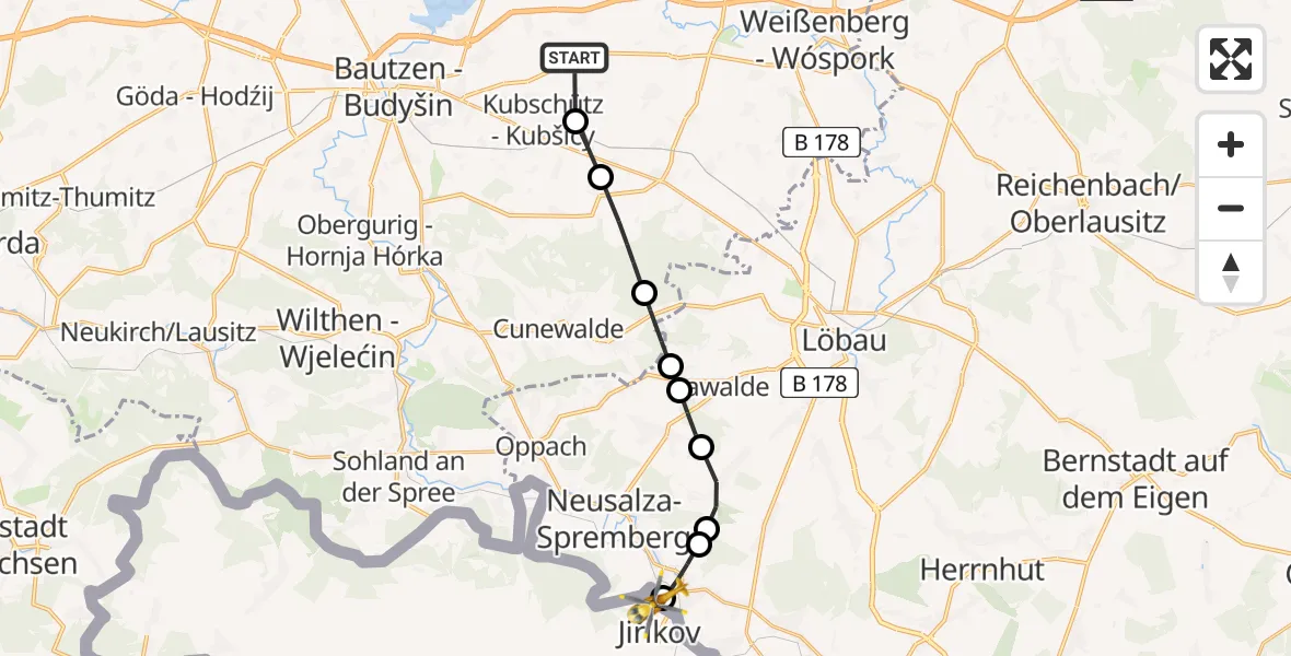 Flugroute Rettungshubschrauber Bautzen Flugplatz - Oberlausitzer Bergland Hospital, 22 Juli 2026, 12:37