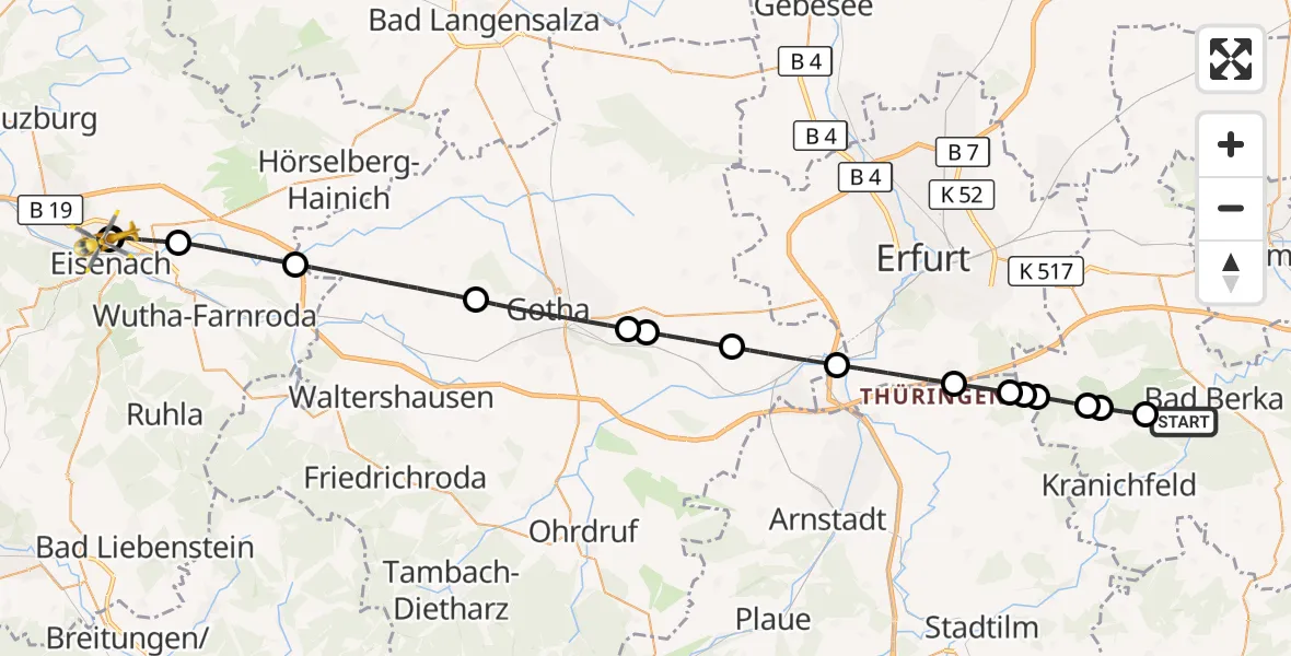 Flugroute Ambulanzhubschrauber Bad Berka - Sankt Georg Hospital Eisenach, 22 Juli 2026, 12:40