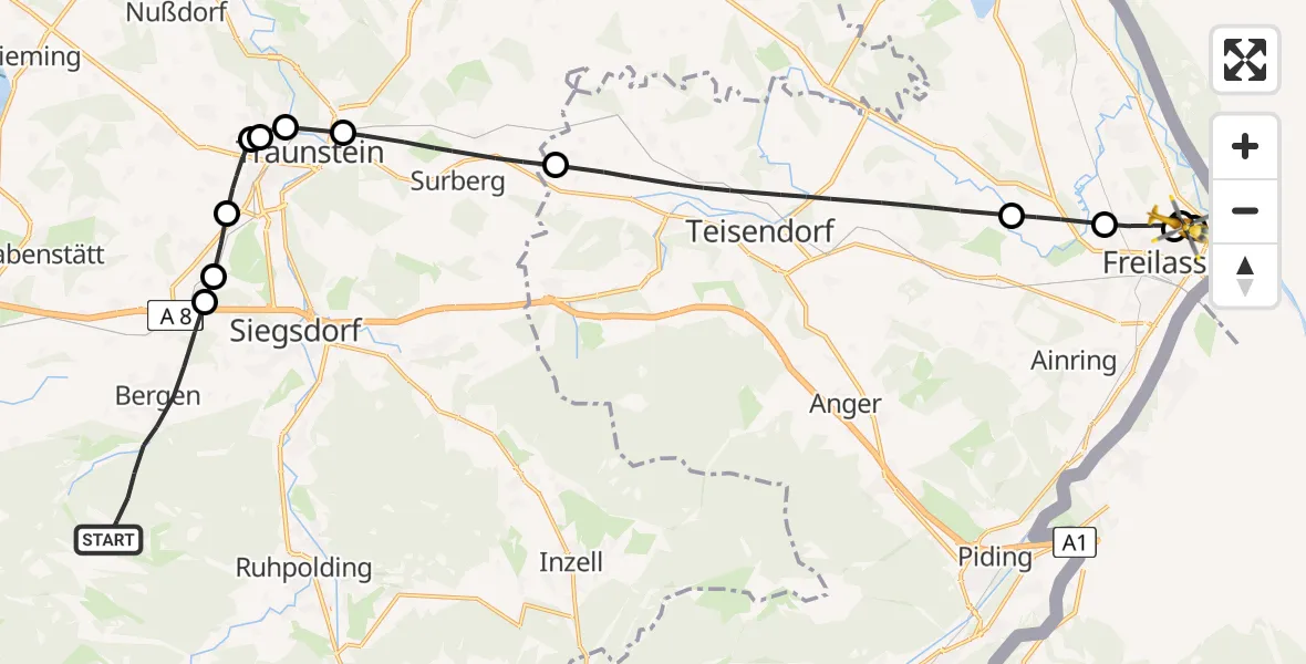 Flugroute Rettungshubschrauber Bergen - Freilassing Krankenhaus Hubschrauberlandeplatz, 22 Juli 2026, 12:40