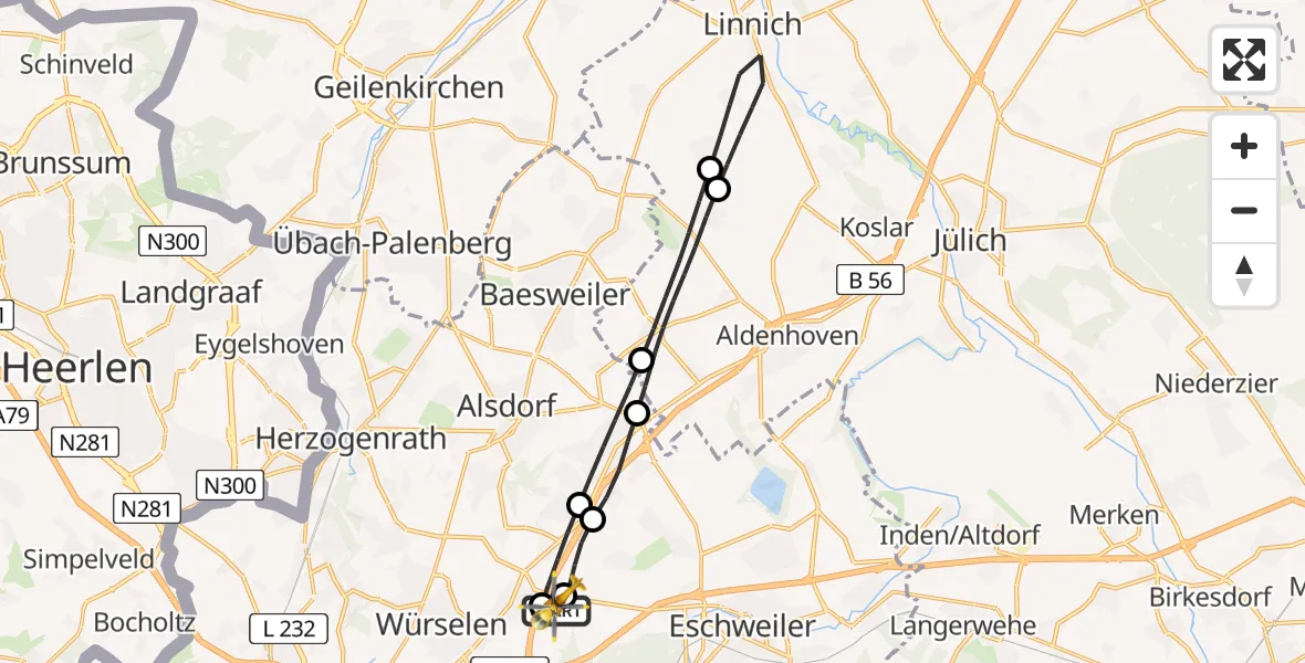 Flugroute Rettungshubschrauber Aachen-Merzbrück Flughafen - Aachen-Merzbrück Flughafen, 22 Juli 2026, 12:45