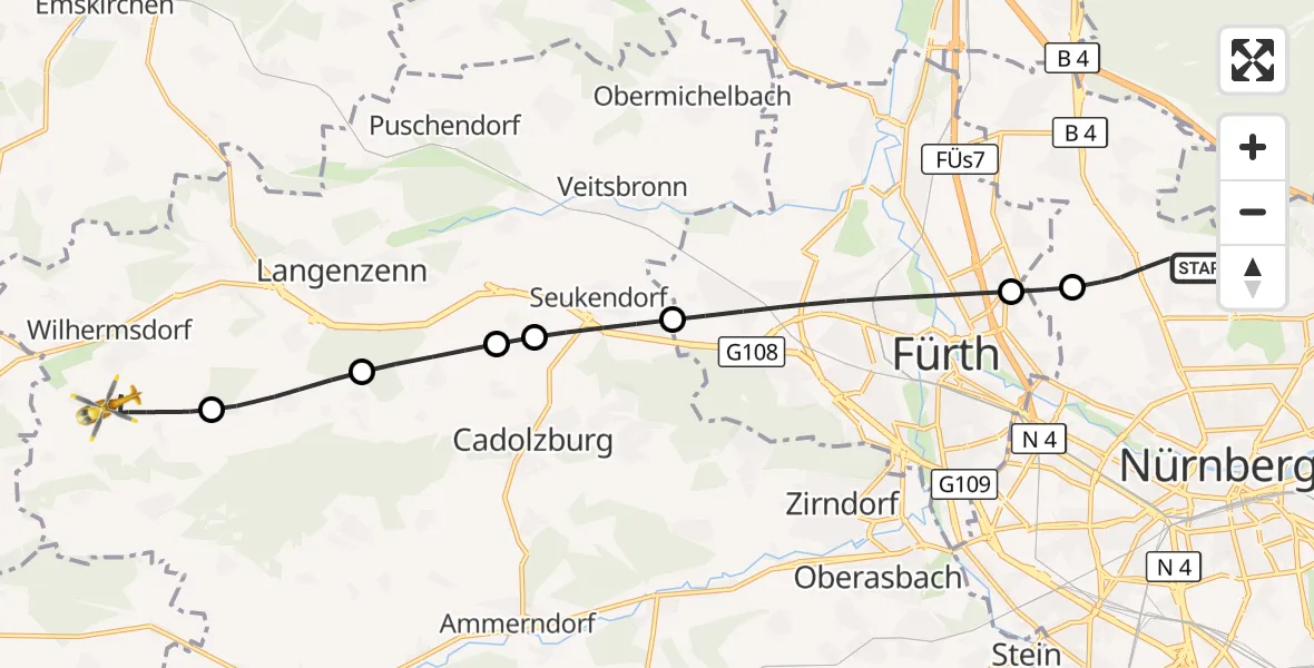 Flugroute Ambulanzhubschrauber Flughafen Nuremberg - Wilhermsdorf, 22 Juli 2026, 12:48