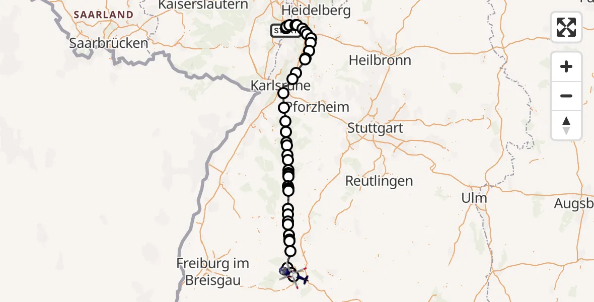 Flugroute Polizeihubschrauber Speyer Flugplatz - Donaueschingen-Villingen Flugplatz, 22 Juli 2026, 12:52