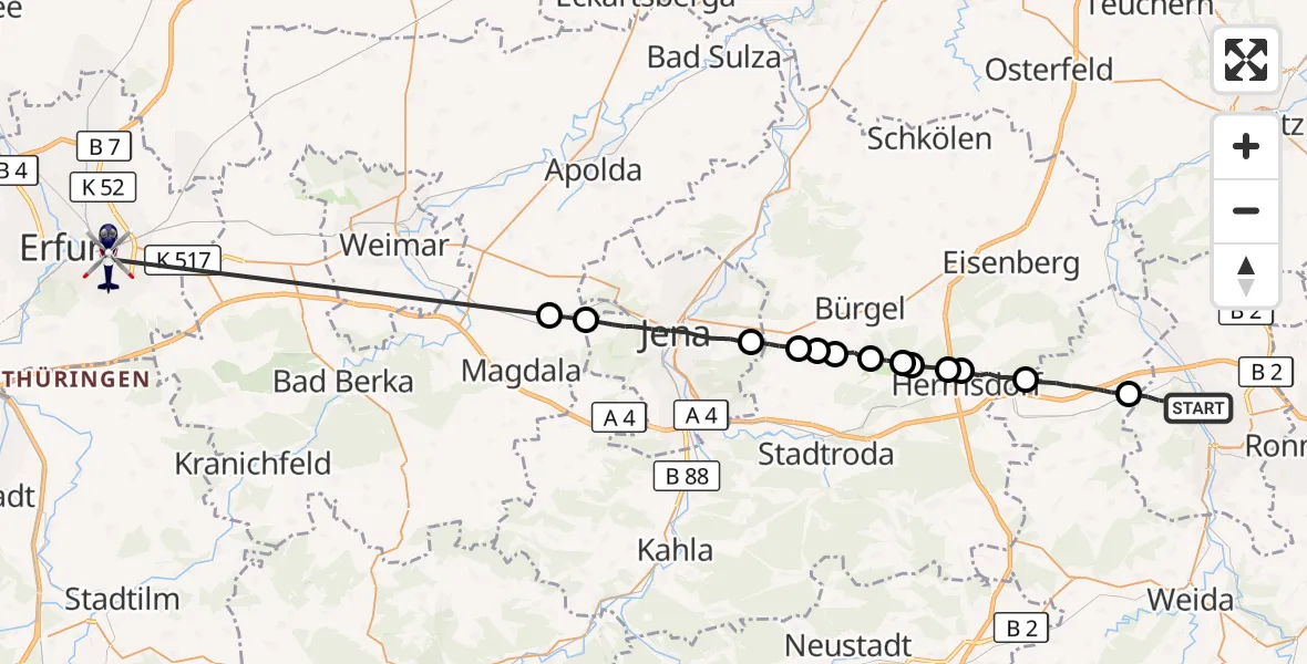 Flugroute Polizeihubschrauber Gera - Erfurt, 22 Juli 2026, 12:55