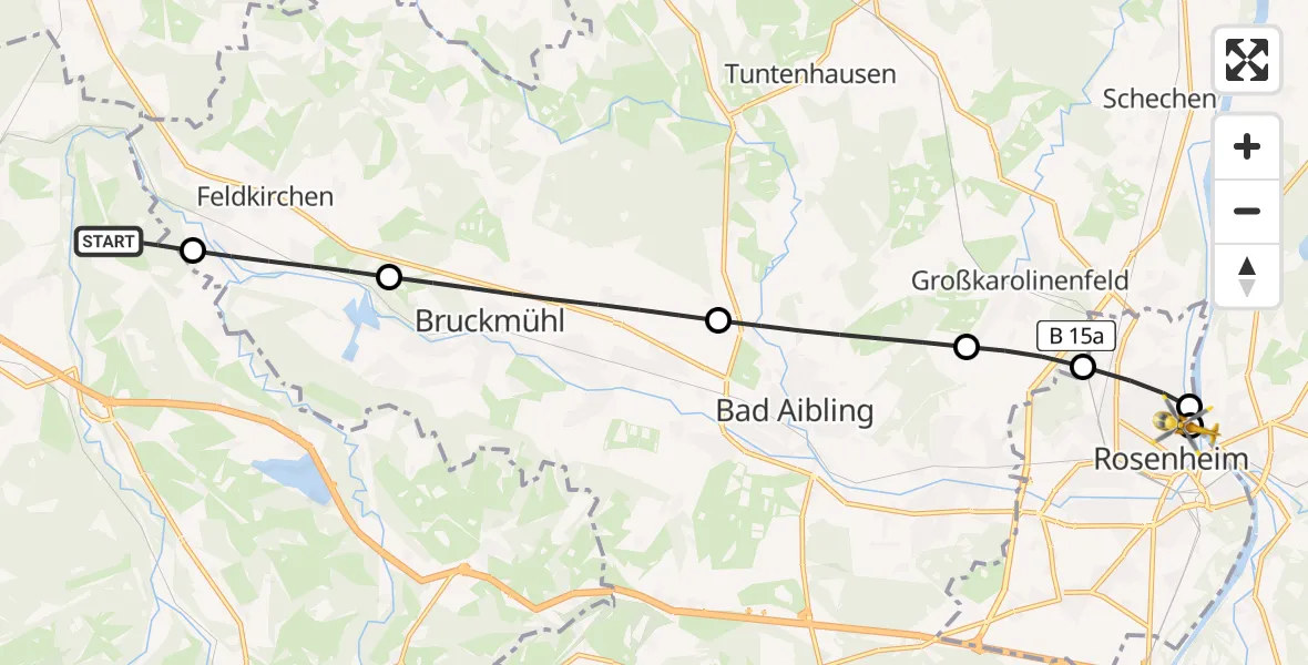 Flugroute Rettungshubschrauber Weyarn - RoMed Hospital Rosenheim, 22 Juli 2026, 12:55