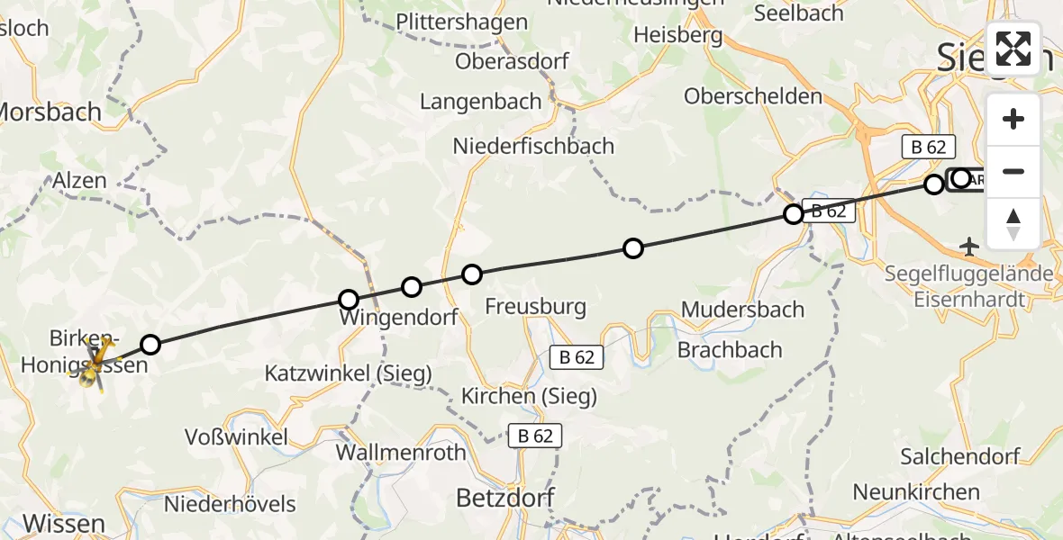 Flugroute Rettungshubschrauber Evangelisches Jung-Stilling Hospital - Birken-Honigsessen, 22 Juli 2026, 12:59