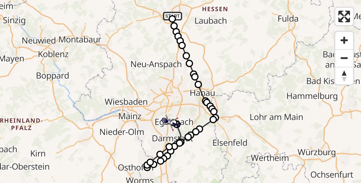 Flugroute Polizeihubschrauber Gießen - Flughafen Frankfurt-Egelsbach, 22 Juli 2026, 13:00