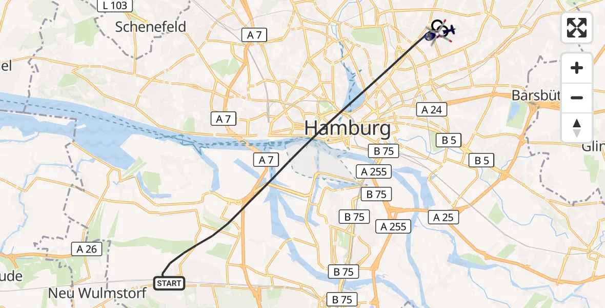 Flugroute Polizeihubschrauber Hamburg - Hamburg Military Hospital, 22 Juli 2026, 13:01