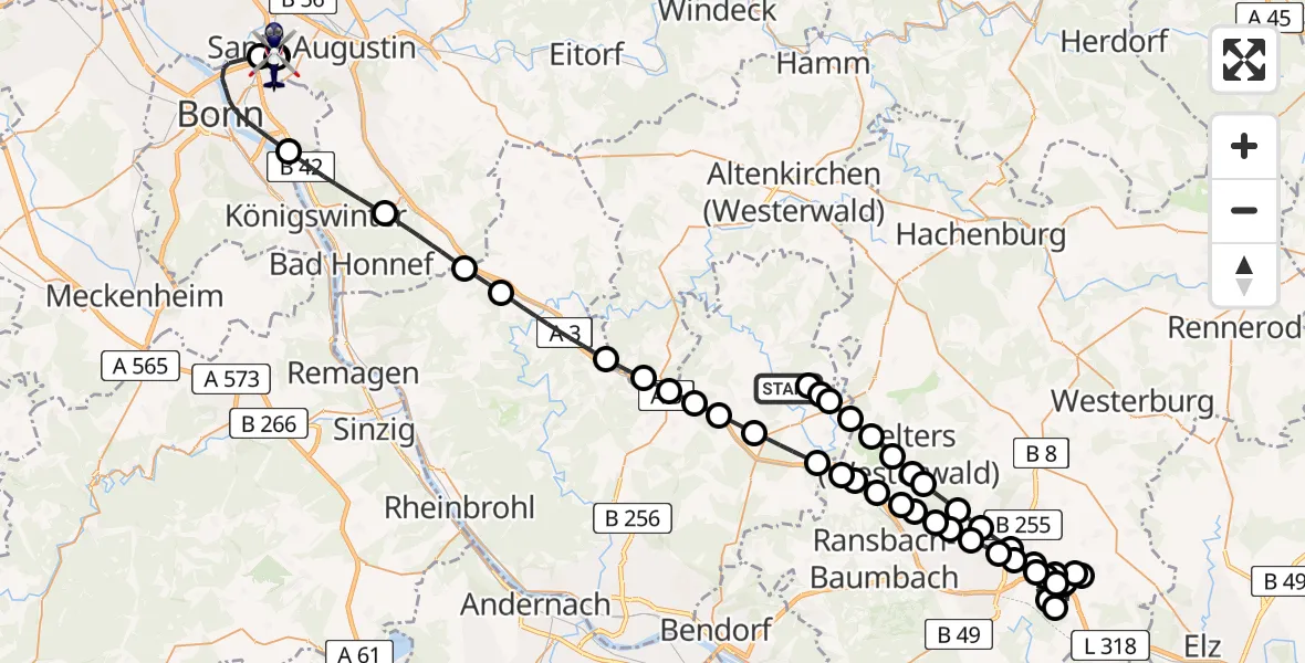 Flugroute Polizeihubschrauber Raubach - Sankt Augustin, 22 Juli 2026, 13:03