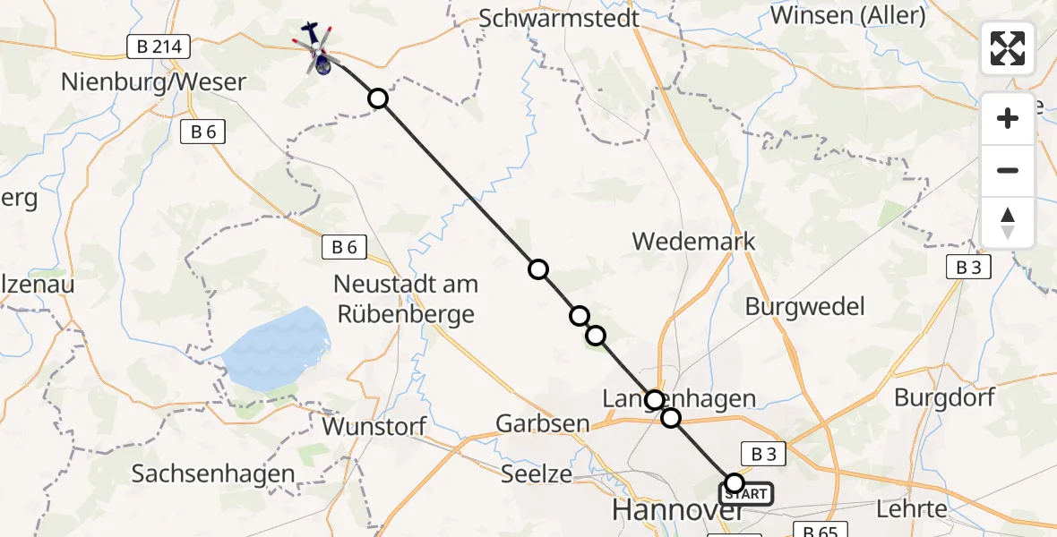 Flugroute Polizeihubschrauber Hannover Luftrettung Hubschrauberlandeplatz (Christoph 4) - Steimbke, 22 Juli 2026, 13:03
