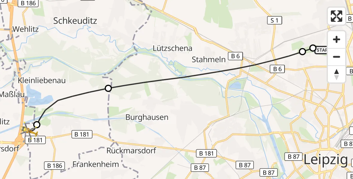 Flugroute Rettungshubschrauber Sankt Georg Hospital Leipzig Reserve - ADAC Air Rescue Station Leipzig/Schkeuditz-Dölzig Hubschrauberlandeplatz (Christoph 61), 22 Juli 2026, 13:04