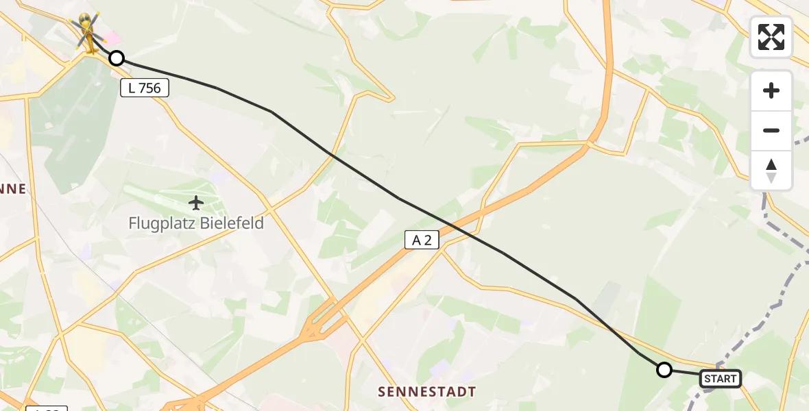 Flugroute Rettungshubschrauber Oerlinghausen - Luftrettungszentrum Bielefeld, 22 Juli 2026, 13:04