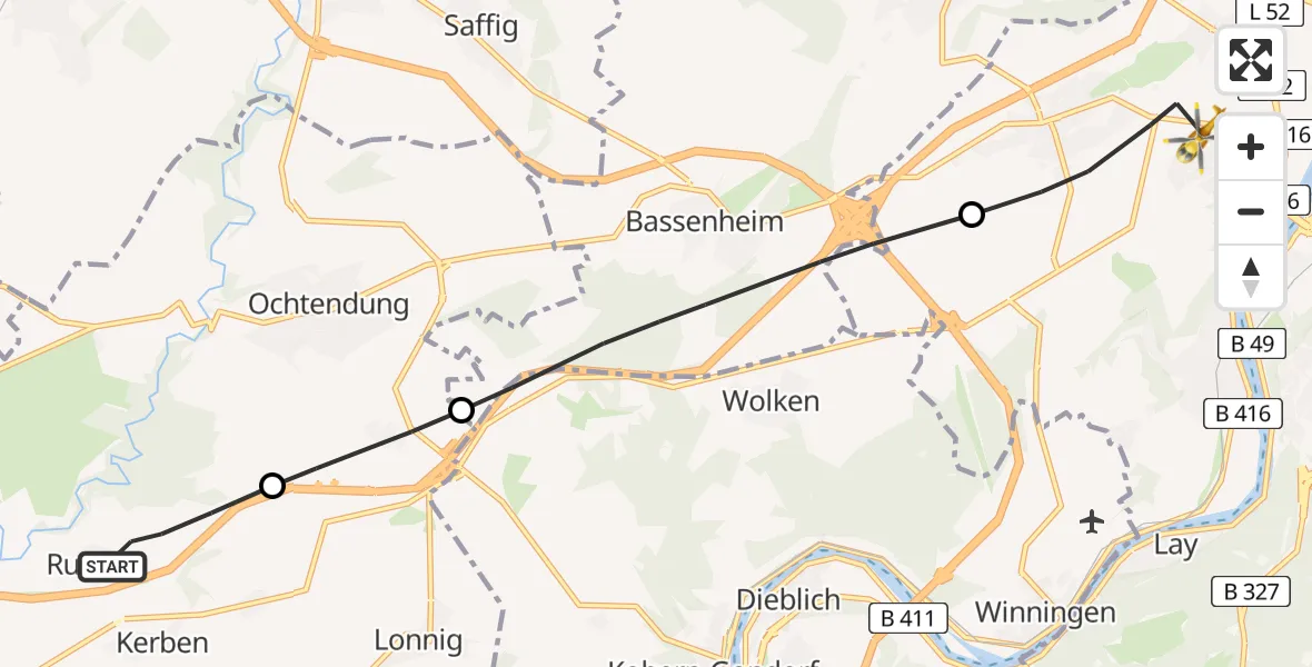 Flugroute Rettungshubschrauber Polch - Koblenz, 22 Juli 2026, 13:05