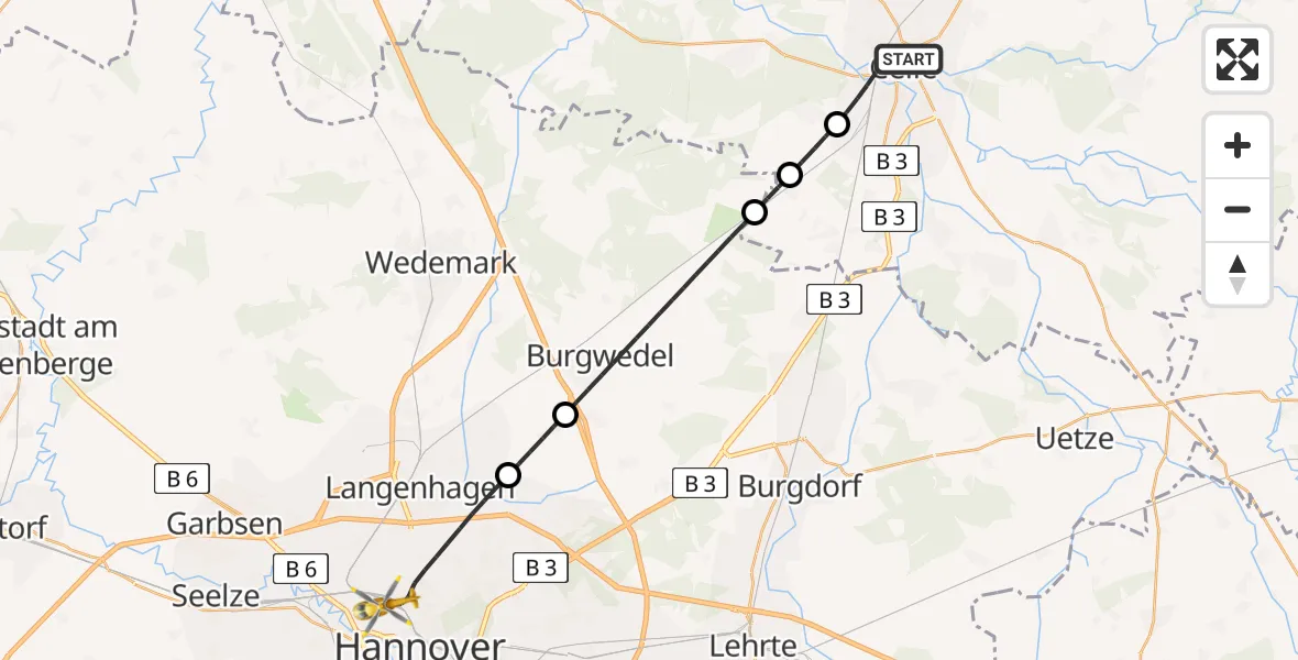 Flugroute Rettungshubschrauber Celle - Hannover, 22 Juli 2026, 13:06