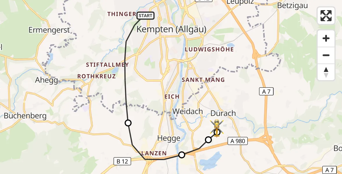 Flugroute Rettungshubschrauber Kempten (Allgäu) - Kempten-Durach Flugplatz, 22 Juli 2026, 13:08