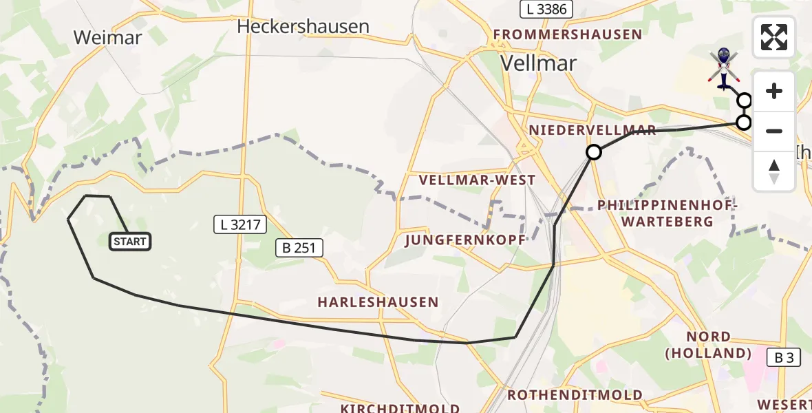 Flugroute Polizeihubschrauber Kassel - Fuldatal Bundespolizei Hubschrauberlandeplatz, 22 Juli 2026, 13:09