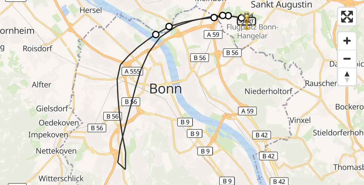 Flugroute Rettungshubschrauber Bonn-Hangelar Flugplatz - Bonn-Hangelar Flugplatz, 22 Juli 2026, 13:15