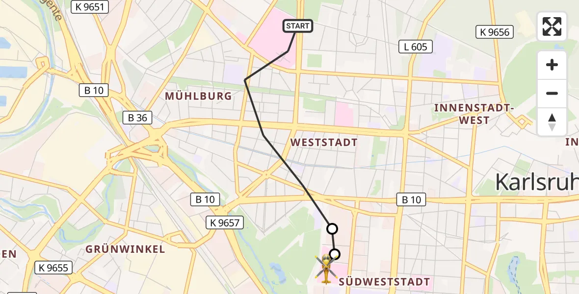 Flugroute Ambulanzhubschrauber Karlsruhe - Sankt Vincentius Hospital, 22 Juli 2026, 13:18