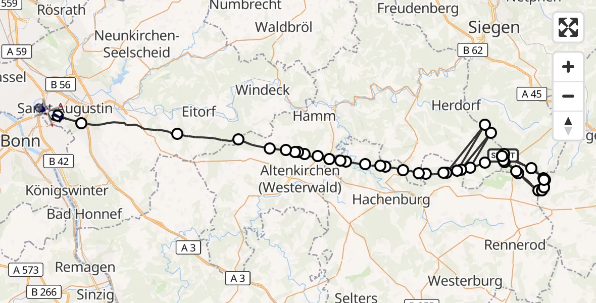 Flugroute Polizeihubschrauber Burbach - Bonn-Hangelar Flugplatz, 22 Juli 2026, 13:19