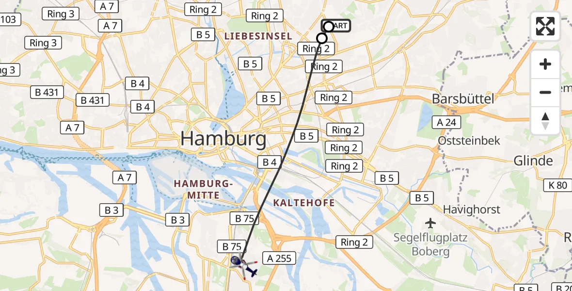 Flugroute Polizeihubschrauber Hamburg Military Hospital - Hamburg, 22 Juli 2026, 13:22