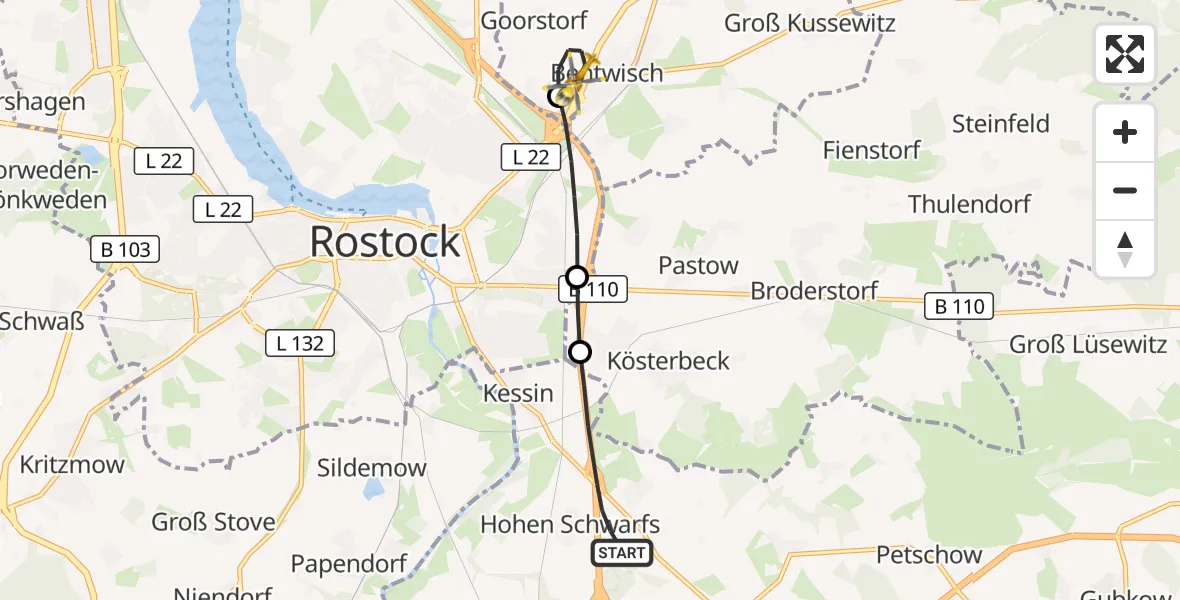 Flugroute Ambulanzhubschrauber Dummerstorf - Bentwisch, 22 Juli 2026, 13:47