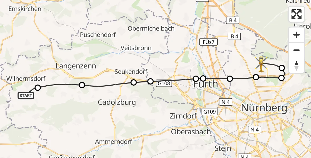 Flugroute Ambulanzhubschrauber Wilhermsdorf - Flughafen Nuremberg, 22 Juli 2026, 13:48