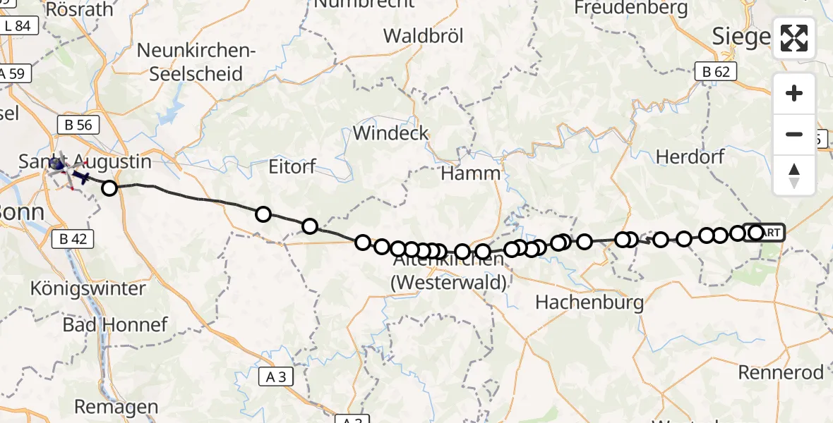 Flugroute Polizeihubschrauber Burbach - Bonn-Hangelar Flugplatz, 22 Juli 2026, 13:48