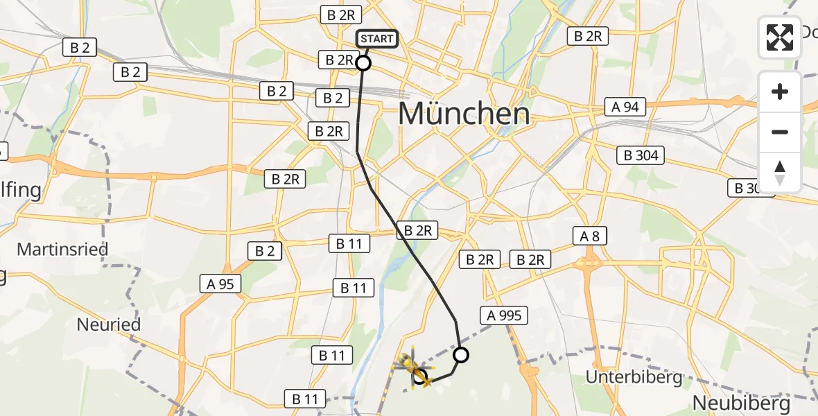 Flugroute Rettungshubschrauber Deutsches Herzzentrum München - ADAC Air Rescue Center Hubschrauberlandeplatz (Christoph 1), 22 Juli 2026, 13:49