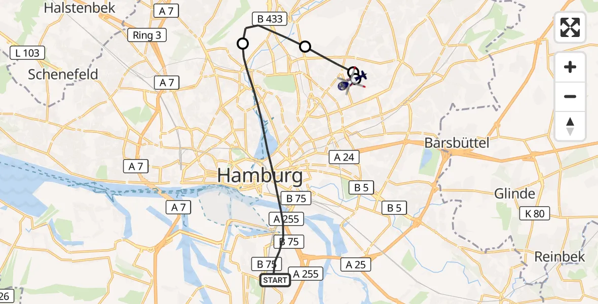 Flugroute Polizeihubschrauber Hamburg - Hamburg Military Hospital, 22 Juli 2026, 13:50
