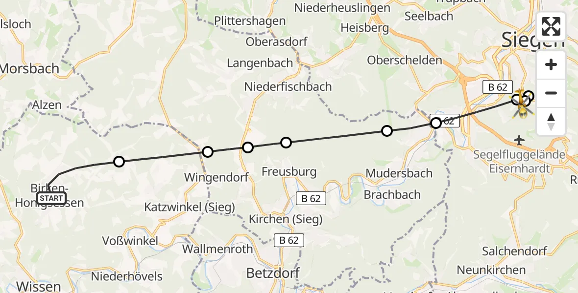 Flugroute Rettungshubschrauber Birken-Honigsessen - Evangelisches Jung-Stilling Hospital, 22 Juli 2026, 13:51