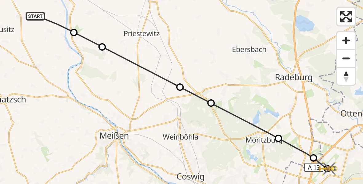 Flugroute Rettungshubschrauber Hirschstein - Dresden Bundespolizei Hubschrauberlandeplatz, 22 Juli 2026, 13:53