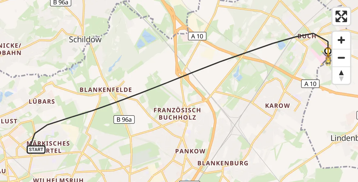 Flugroute Rettungshubschrauber Berlin - Helios Clinic Berlin-Buch, 22 Juli 2026, 14:03