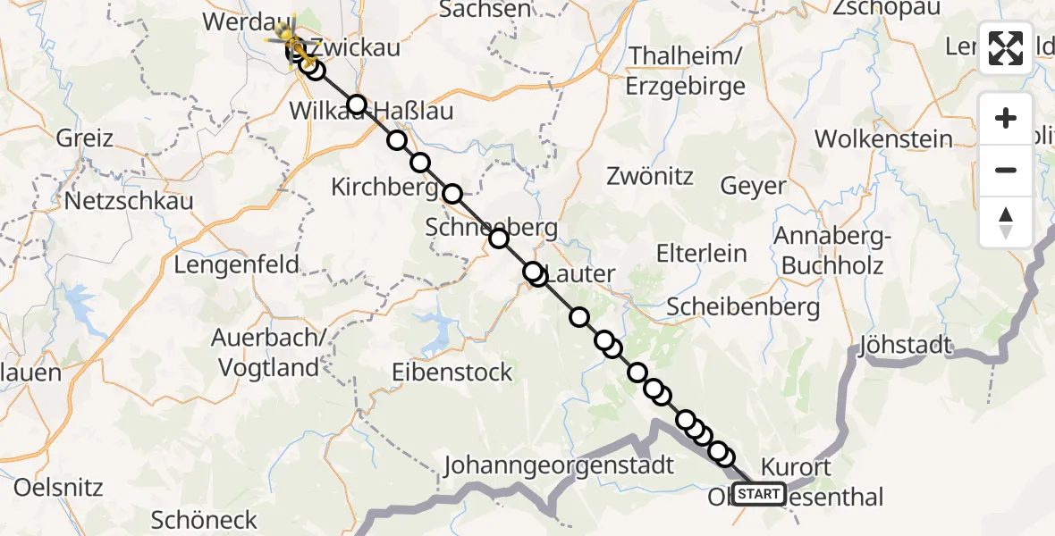 Flugroute Rettungshubschrauber Oberwiesenthal - ADAC Air Rescue Station Zwickau Hubschrauberlandeplatz, 22 Juli 2026, 14:07