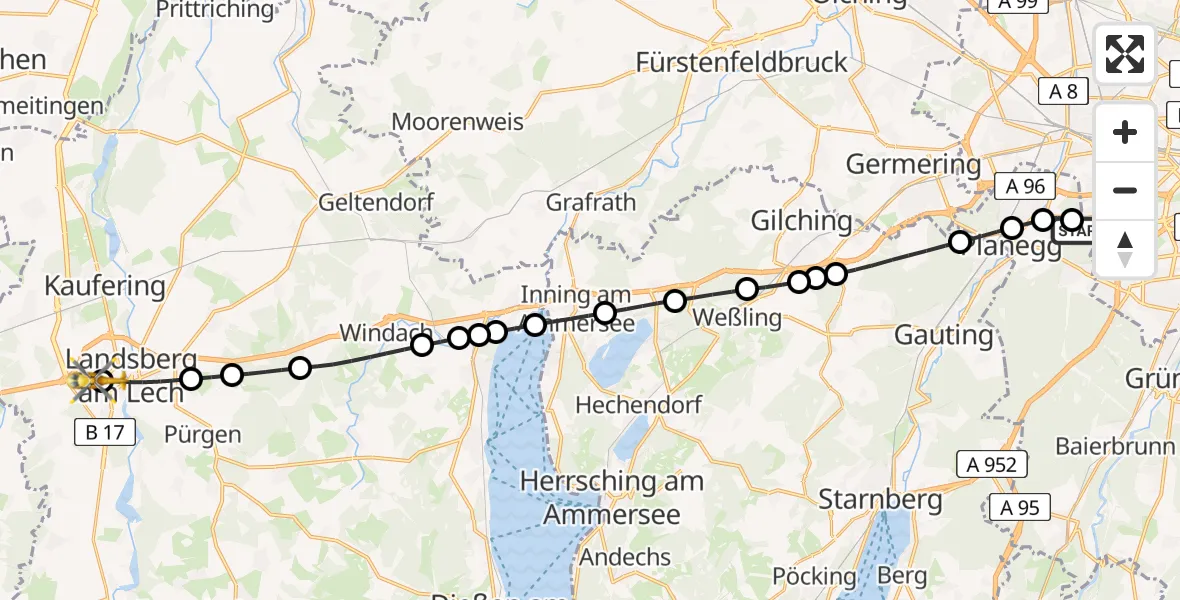 Flugroute Rettungshubschrauber DRF Air Rescue München Hubschrauberlandeplatz - Landsberg am Lech Hospital, 22 Juli 2026, 14:13