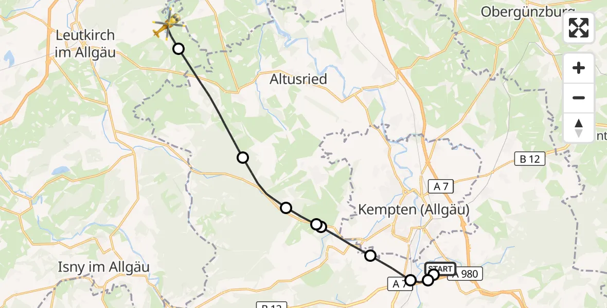 Flugroute Rettungshubschrauber Kempten-Durach Flugplatz - Leutkirch im Allgäu, 22 Juli 2026, 14:14