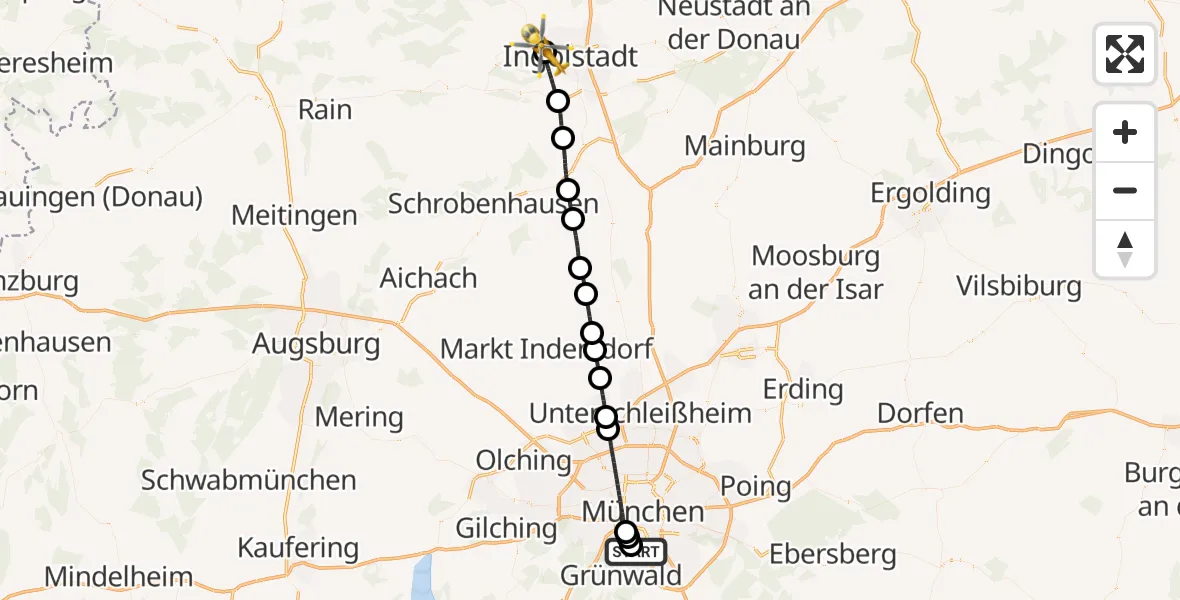 Flugroute Rettungshubschrauber ADAC Air Rescue Center Hubschrauberlandeplatz (Christoph 1) - Ingolstadt Hospital, 22 Juli 2026, 14:14