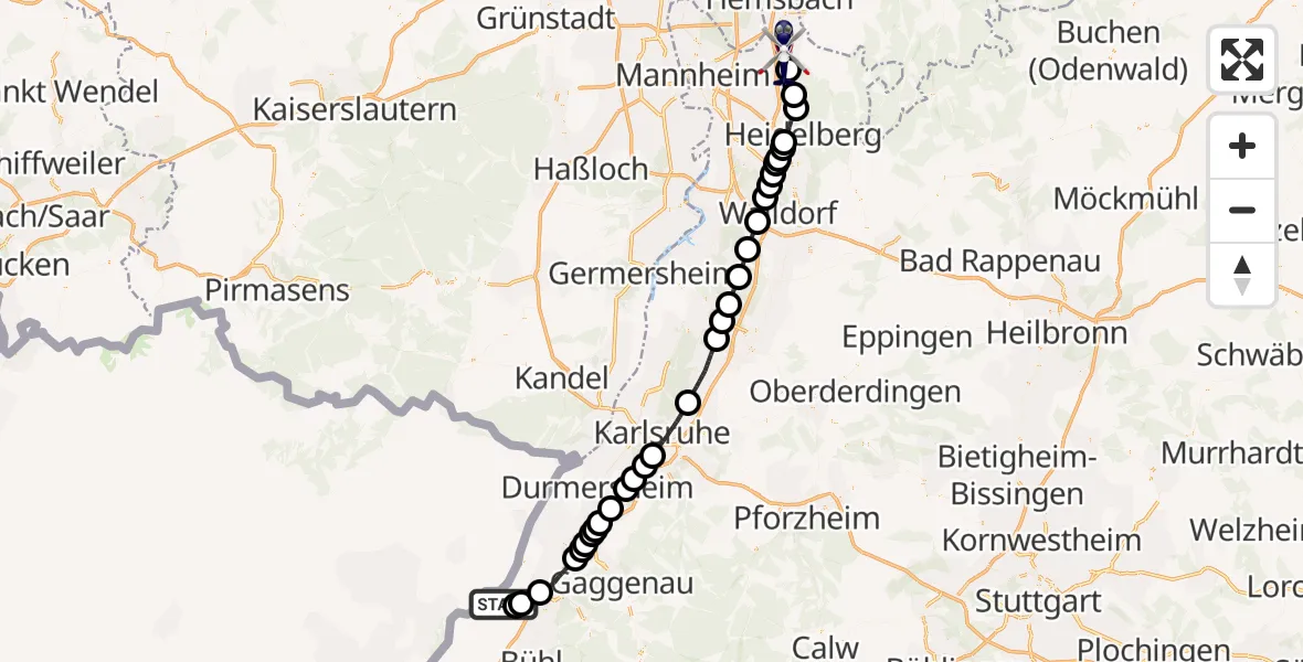 Flugroute Polizeihubschrauber Karlsruhe Baden-Baden Flughafen - Hirschberg an der Bergstraße, 22 Juli 2026, 14:16