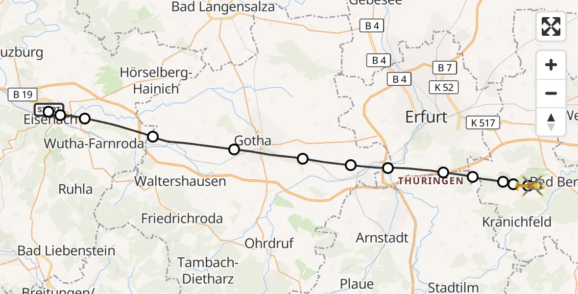 Flugroute Ambulanzhubschrauber Sankt Georg Hospital Eisenach - Bad Berka, 22 Juli 2026, 14:18