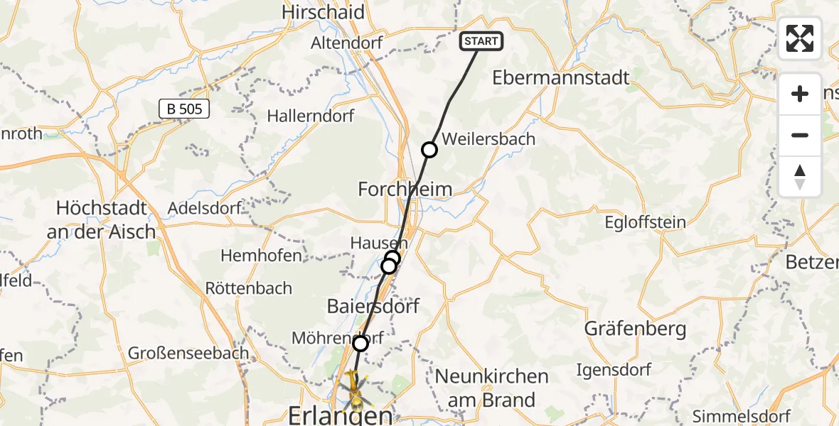 Flugroute Rettungshubschrauber Eggolsheim - Bubenreuth, 22 Juli 2026, 14:18