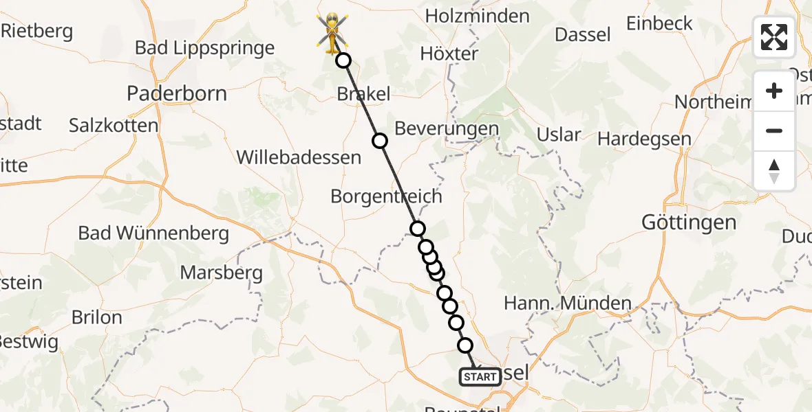Flugroute Rettungshubschrauber Kassel - Nieheim, 22 Juli 2026, 14:32