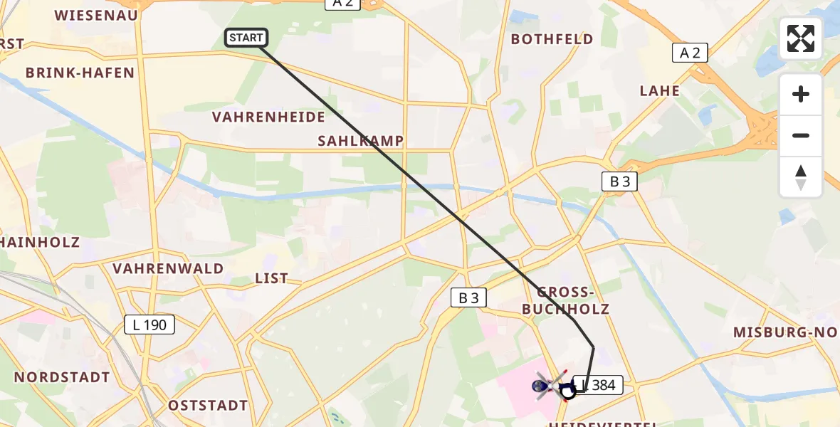 Flugroute Polizeihubschrauber Hannover - Hannover Luftrettung Hubschrauberlandeplatz (Christoph 4), 22 Juli 2026, 14:32