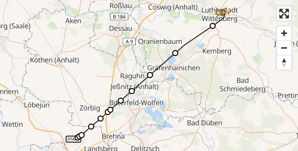 Flugroute Rettungshubschrauber Halle-Oppin Flugplatz - Paul-Gerhardt-Stift Evangelical Hospital, 22 Juli 2026, 14:38