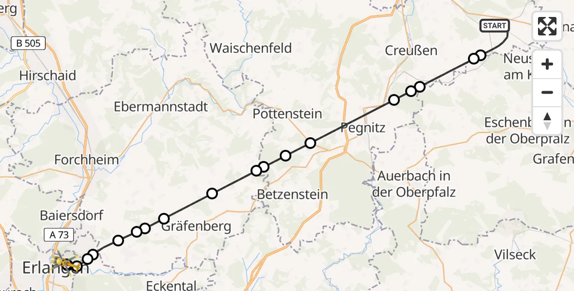 Flugroute Ambulanzhubschrauber Speichersdorf - Erlangen University Hospital Ebrardstraße, 22 Juli 2026, 14:39