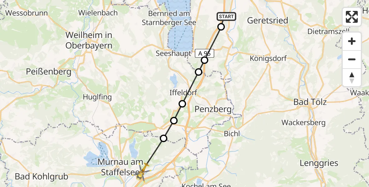 Flugroute Rettungshubschrauber Münsing - Riegsee, 22 Juli 2026, 14:43
