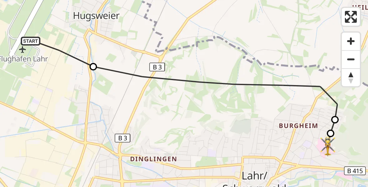 Flugroute Rettungshubschrauber Lahr Flughafen - Ortenau Hospital Lahr-Ettenheim, 22 Juli 2026, 14:47