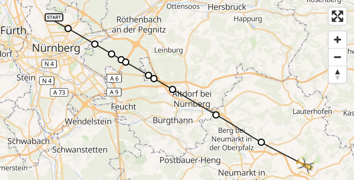 Flugroute Ambulanzhubschrauber Flughafen Nuremberg - Pilsach, 22 Juli 2026, 14:48