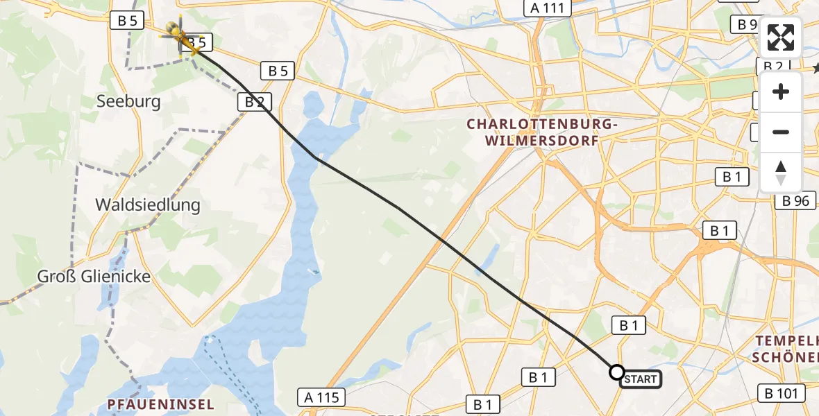Flugroute Rettungshubschrauber Charité Clinic Benjamin Franklin Campus - Berlin, 22 Juli 2026, 14:51