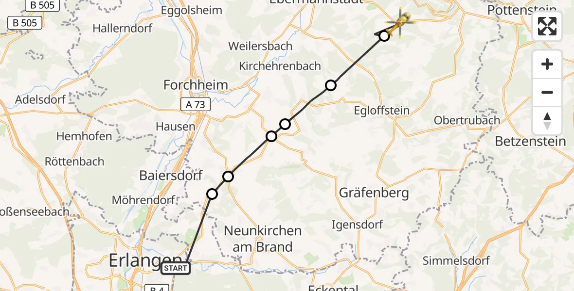 Flugroute Rettungshubschrauber Erlangen - Ebermannstadt, 22 Juli 2026, 14:56